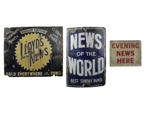 Two Sunday Newspaper enamel signs,each single-sided for News of the World, 92 x 61cm and Lloyd's News, 77 x 92, both weathere