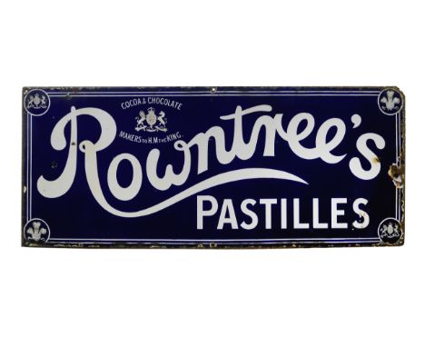 A Rowntree's Pastilles enamel advertising sign, circa 1905,single-sided, blue and white with Royal Warrant, 38 x 92cm, some c