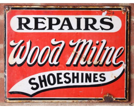 A Wood Milne Shoeshines Repairs enamel sign,single-sided, 33 x 25cm; together with another Wood Milne Shoeshines enamel sign,