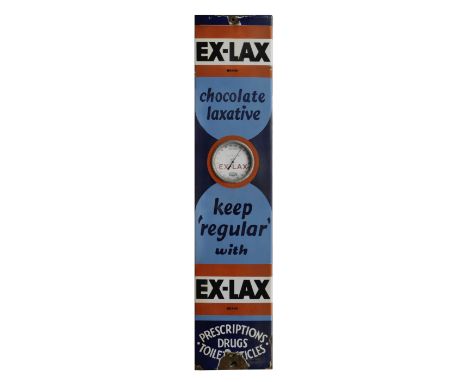 An Ex-Lax enamel sign with Rototherm thermometer,the box frame 92 x 20cm, with some loss to enamel and rusting to mounting ho