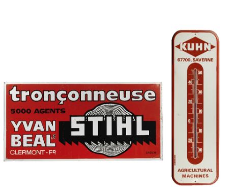 A Kuhn Agricultural Machines printed alloy thermometer, French,in a red and white, 97cm high: together a printed tin sign for