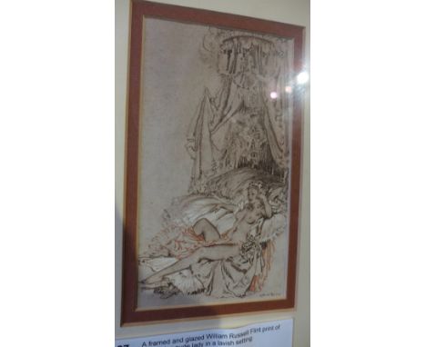 SOLD IN TIMED AUCTION A framed and glazed William Russell Flint print of a reclining nude lady in a lavish setting 