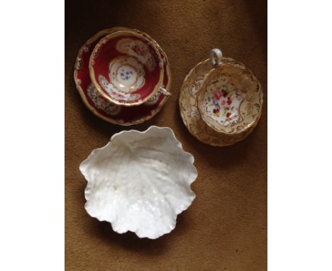 Two 19th c floral cups and saucers and a white cabbage bowl a/f