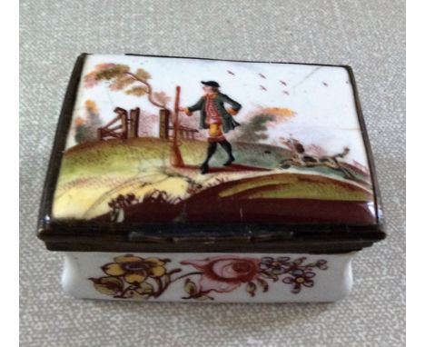 Good 18th c enamel snuff box a hunter and his dog a/f