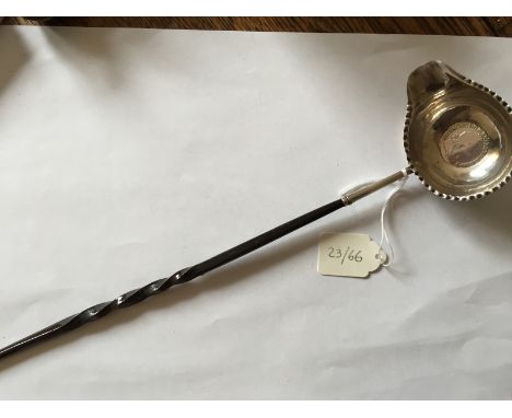 Baleen and silver toddy ladle with silver coin to base dated 1723, slight a/f.