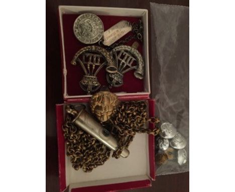 Collection of cap badges, buttons, whistle etc. from the Durham Light Infantry inc. identity tag of Lieut. W Burkitt