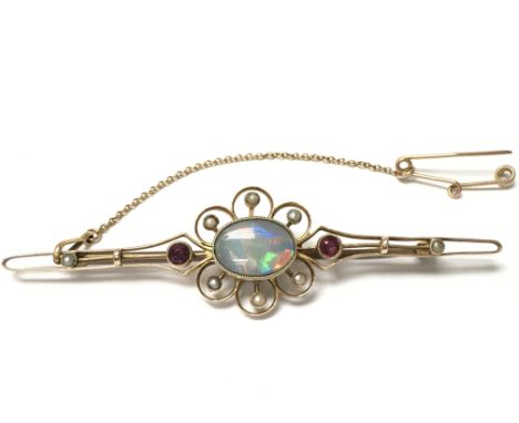 9ct gold Opal, seed pearl and ruby brooch. Postage Catagory A.