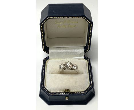 18ct white gold ring set with 3 brilliant cut diamonds, 2.85ct Total. Centre stone K/L colour, VS2, shoulders K/L, SI1. (IDRC