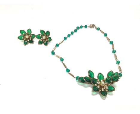 A vintage choker set with green beads of a floral design with matching earrings. Postage B- NO RESERVE