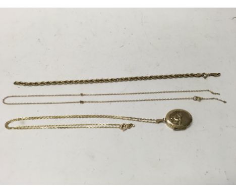 A 9ct gold necklace, rope chain and a gold locket and necklace. Approx weight 7.57 grams.