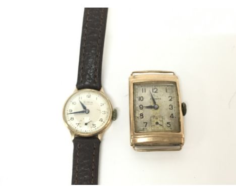 Two 9ct gold vintage watches. One with leather strap. Both wind and run. Total weight 32.44g including leather strap and move