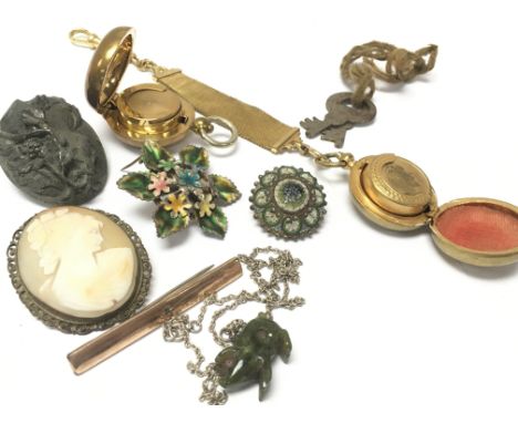 A collection of costume jewellery including Sovereign cases, brooches (one silver), jade pig pendant on chain, a Cameo brooch