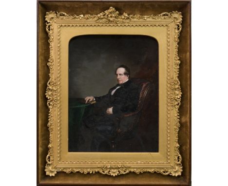 BRITISH SCHOOL (19TH CENTURY),the overpainted print depicting a seated gentlemanwithin a larger velvet lined wood frame47cm x