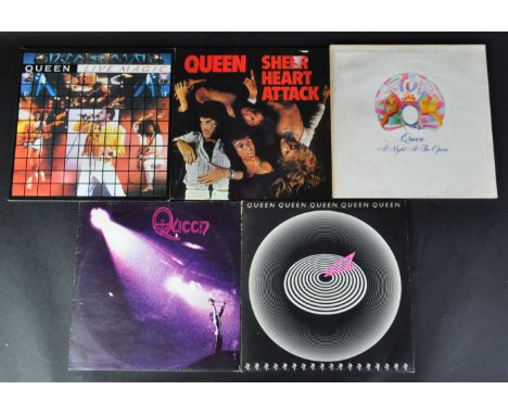 Queen - A group of five long play LP vinyl record albums to include Queen (Stereo EMI EMC 3006, VG+), Jazz with poster (Stere