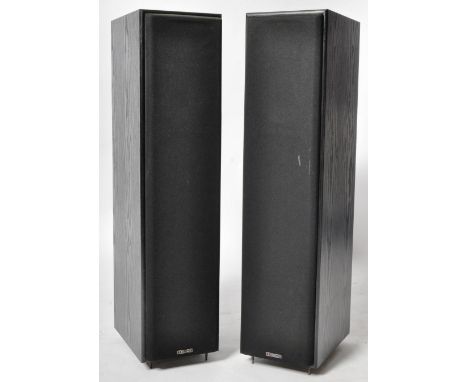 Mission - Model 733 - A matching pair of floorstanding speakers having ebonised cases and mesh fronts with each raised on spi