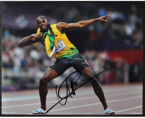 Usain Bolt - Retired Sprinter - autographed 8x10" photograph of Bolt doing his iconic pose. Signed in black ink to a central 