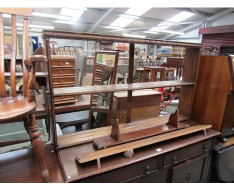 An oak wall hanging two tier plate rack with carved moulding, together with an oak and mahogany shelf (3) 