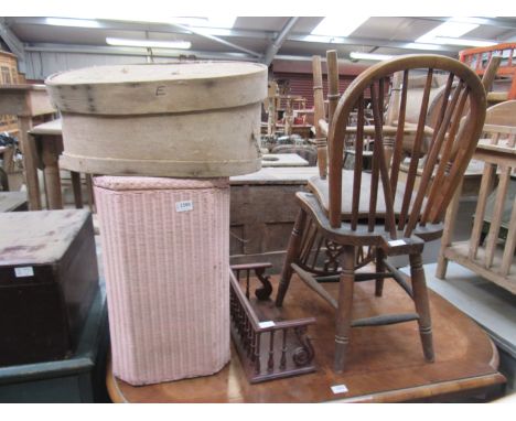 A Lloyd Loom linen box, bentwood container, two stick back chairs and a gallery section