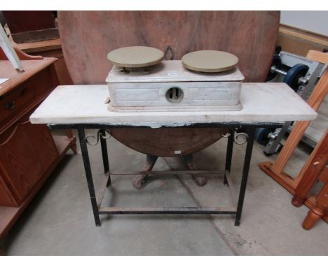 A marble based set of cheese scales, a/f with a marble topped side table 