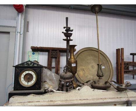 A collection of mixed metal wares including brass vase, oil lamp, mantel clock etc 