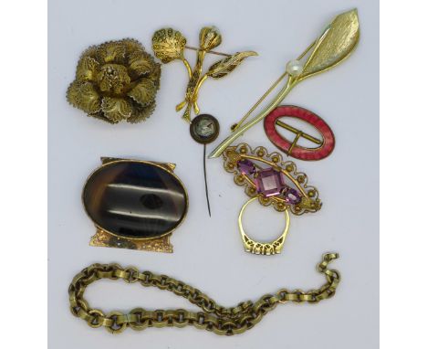 Four brooches, a stick pin, a ring, clasp, a chain and a buckle