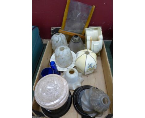 Seven glass lamp shades including Art Deco, one a/f, a Wade Heath Art Deco vase, Phenolic picture frame, two black glass stan