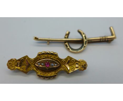 Two 9ct gold brooches, one set with ruby and seed pearls, one pearl missing, total weight 3.2g