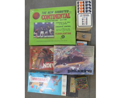 Vintage games including Operation, Subbuteo, Fours, Supersell and Stak-A-Stik