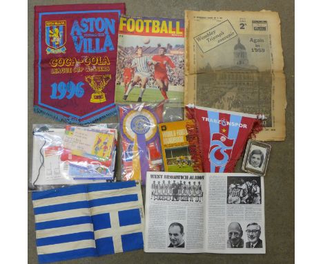A collection of football pennants including Aston Villa signed, ticket stubs, etc.