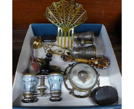 Assorted items including two pairs of theatre glasses, snuff box, double sovereign case, etc.
