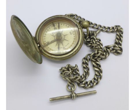 A military compass and a silver double Albert chain, compass marked Taylor, Rochester, N.Y., Albert 42g