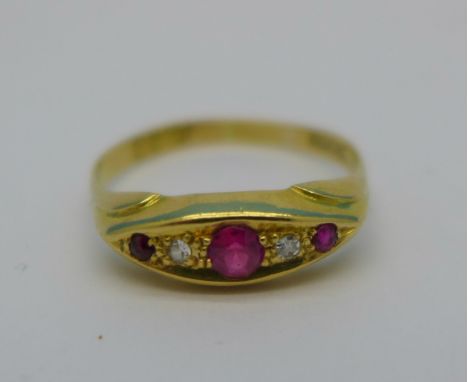 An 18ct gold, ruby and diamond ring, one ruby replaced, 3g, S