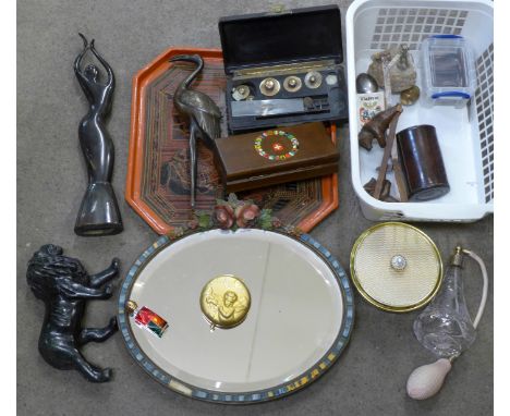 A Barbola mirror, a/f, Estee Lauder compact, musical powder pot, scent bottle, a bronze bird, bookmark, coins, etc.