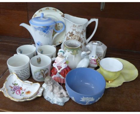 Assorted decorative china including Royal Albert Gossamer, Shelley coffee pot, Royal Doulton figure, Peggy, Royal Crown Derby