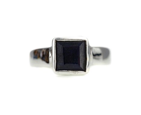 SAPPHIRE RING, set with a step cut sapphire, marked 925, size Q, 7.3g