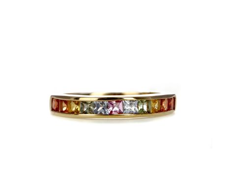 MULITCOLOURED SAPPHIRE RING, set with square sapphires, in nine carat gold, size P, 2.2g