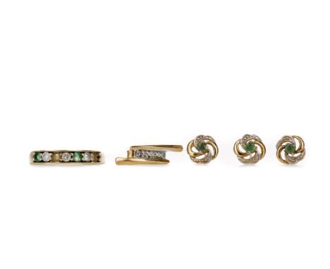 COLLECTION OF DIAMOND SET ITEMS, including a partial eighteen carat gold emerald and diamond ring, 3g, along with three match