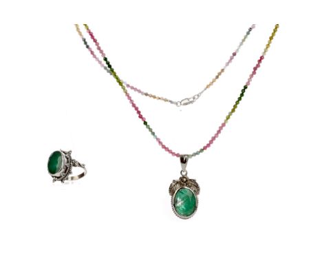 TOURMALINE BEAD NECKLACE, set with faceted multicoloured beads, 47cm long, with silver clasp, along with an emerald pendant s