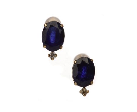 PAIR OF SAPPHIRE AND DIAMOND EARRINGS, set with oval sapphires and round brilliant cut diamonds, marked K18, 1.3g