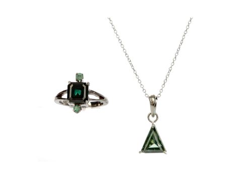 BLUE MOISSANITE PENDANT, the trillion cut blue/green moissanite on a silver chain, along with a green moissanite and emerald 