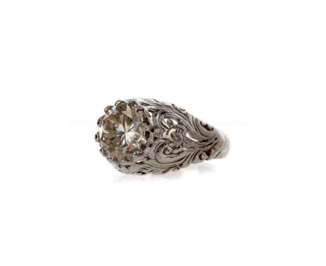 MOISSANITE RING, set with a round white moissanite to an openwork mount, in silver, size M 1/2, 4.9g