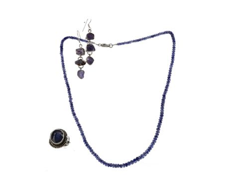 SAPPHIRE NECKLACE, formed by faceted sapphire beads, 47cm long, along with a faceted sapphire ring and a pair of rough iolite