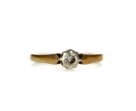 DIAMOND SOLITAIRE RING, set with a central round brilliant cut diamond of approximately 0.15 carats, in nine carat gold, size