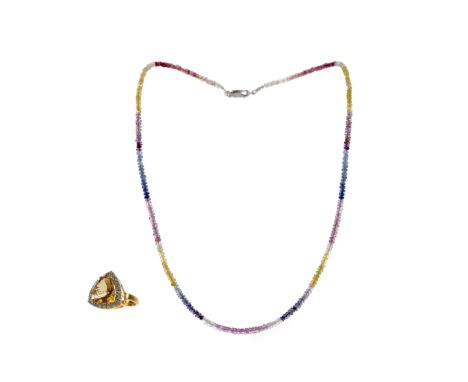 SAPPHIRE BEAD NECKLACE, formed by faceted multicoloured sapphires, 47.5cm long, with silver clasp, along with an adjustable s