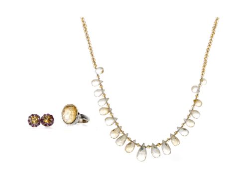 COLLECTION OF CITRINE JEWELLERY, including a faceted bead necklace, cabochon ring and a pair of citrine and ruby earrings, ea