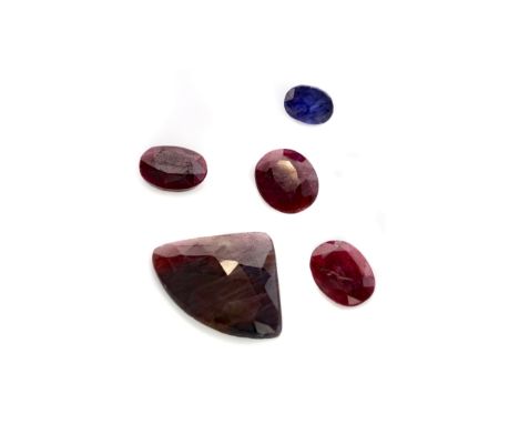 **COLLECTION OF CERTIFICATED UNMOUNTED GEMS, including a 48.81 carat sapphire, three glass filled and dyed rubies weighing 12