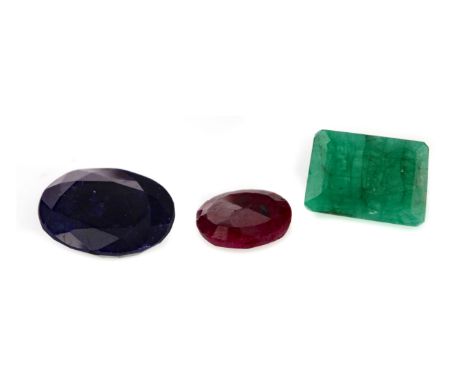 **COLLECTION OF UNMOUNTED GEMSTONES, including a 12.30 carat colour treated sapphire, 10.85 carat emerald and a 4.60 carat co