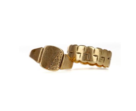 NINE CARAT GOLD WEDDING BAND, size L, along with a misshapen signet ring, also in nine carat gold, 4.6g gross (2)