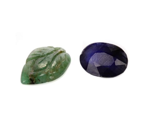 **THREE CERTIFICATED UNMOUNTED GEMS, including a 10.74 carat glass filled and dyed sapphire, 34.20 carat emerald and a 6.65 c