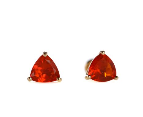 PAIR OF FIRE OPAL STUD EARRINGS, set with trillion cut fire opals, marked 18K, with screwback fittings, 1.4g